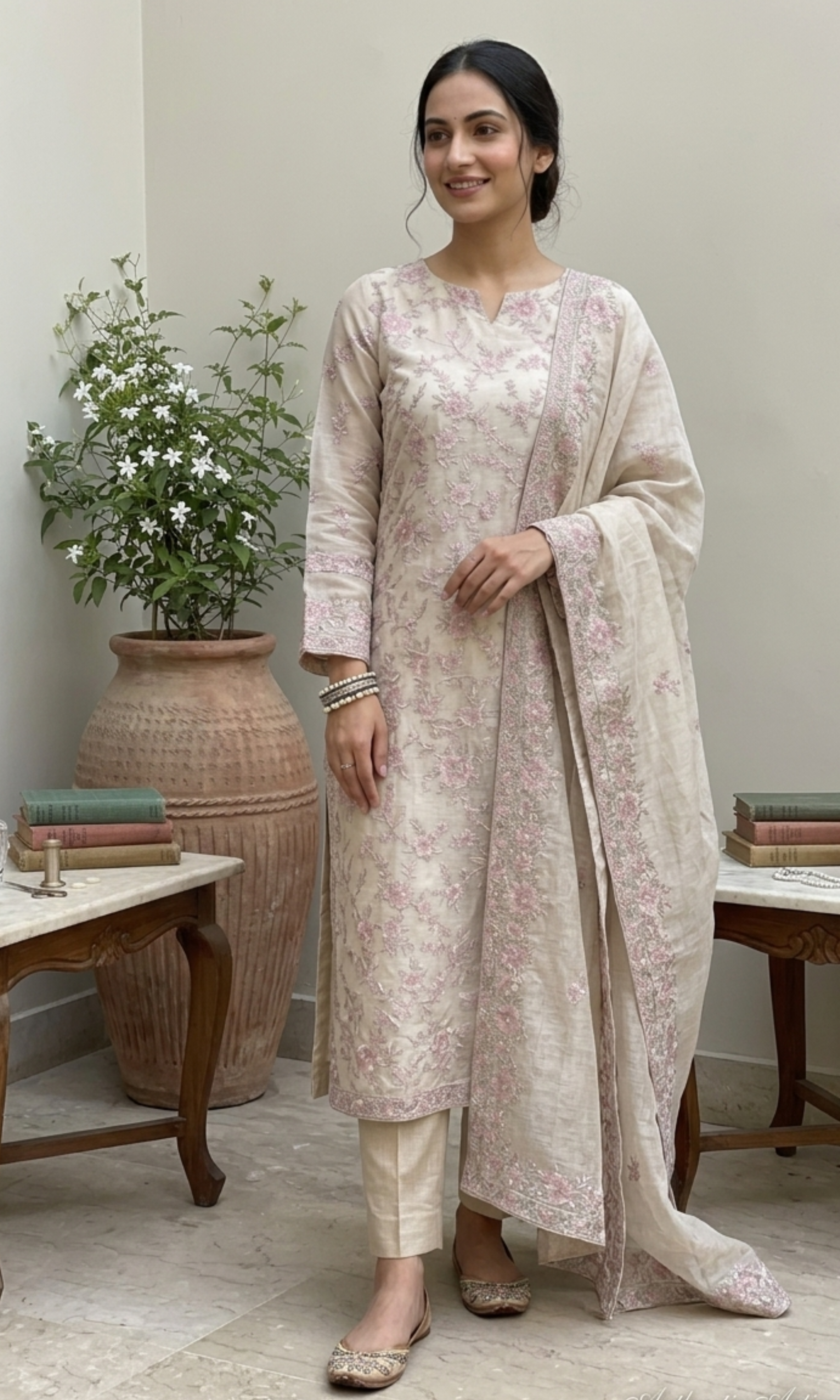 Gulnaar Ivory Embroidered Suit Set