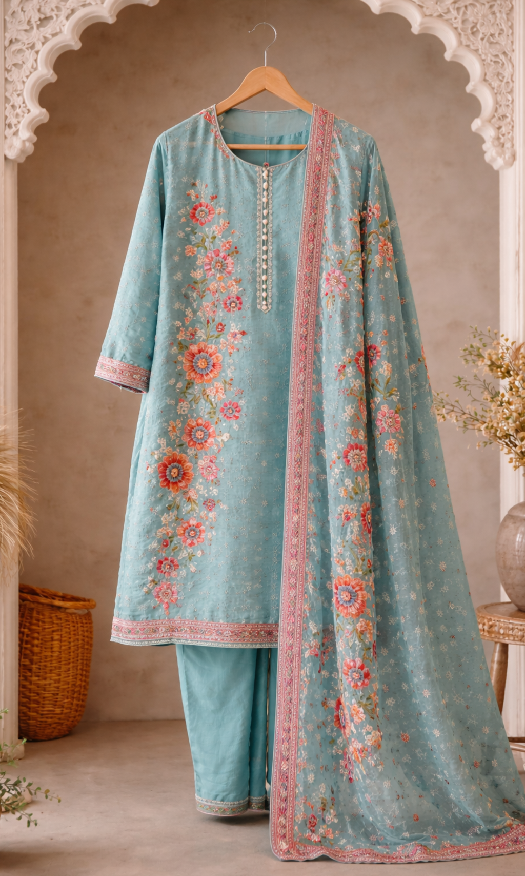 Aqua Teal  Embroidered Suit Set