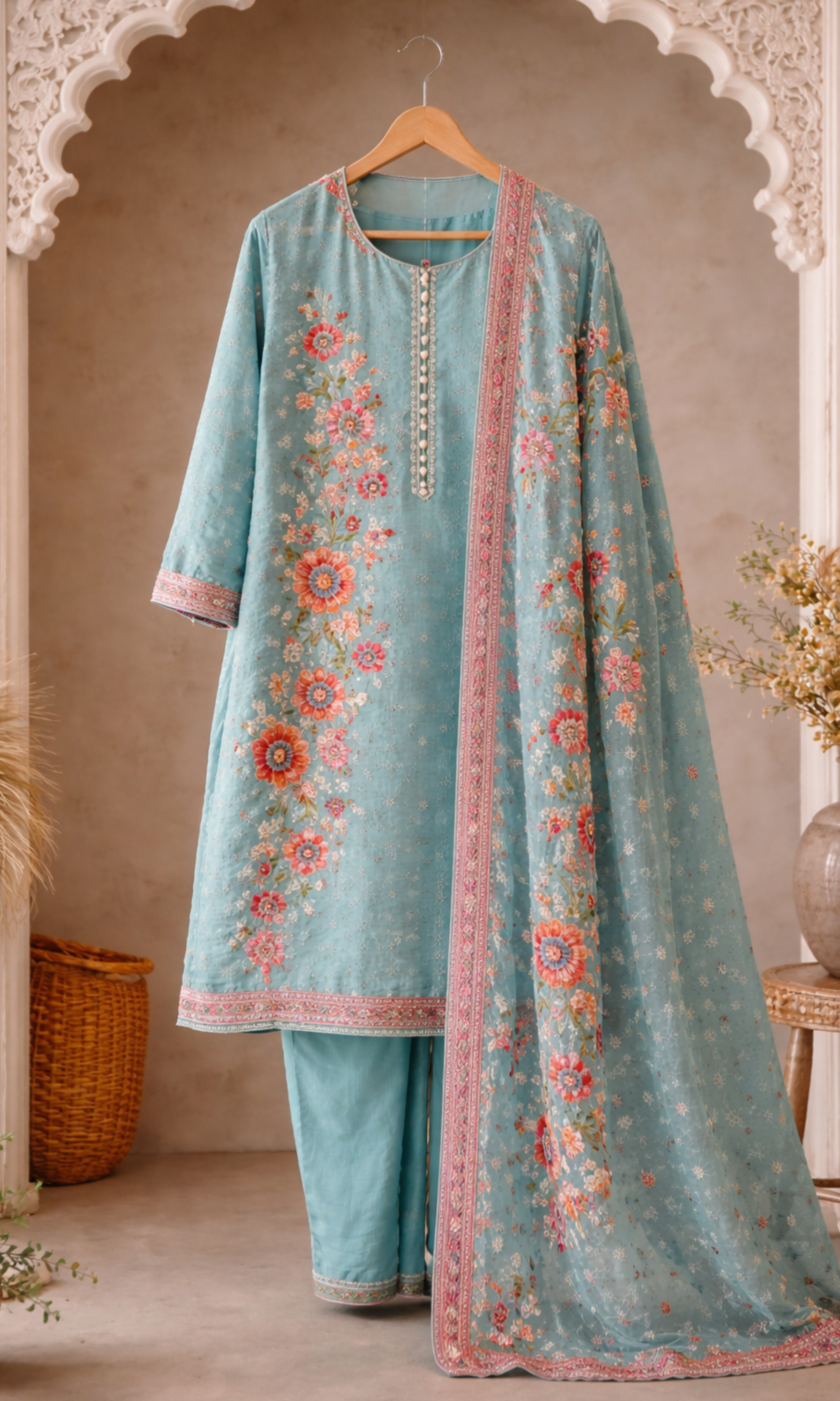 Aqua Teal  Embroidered Suit Set