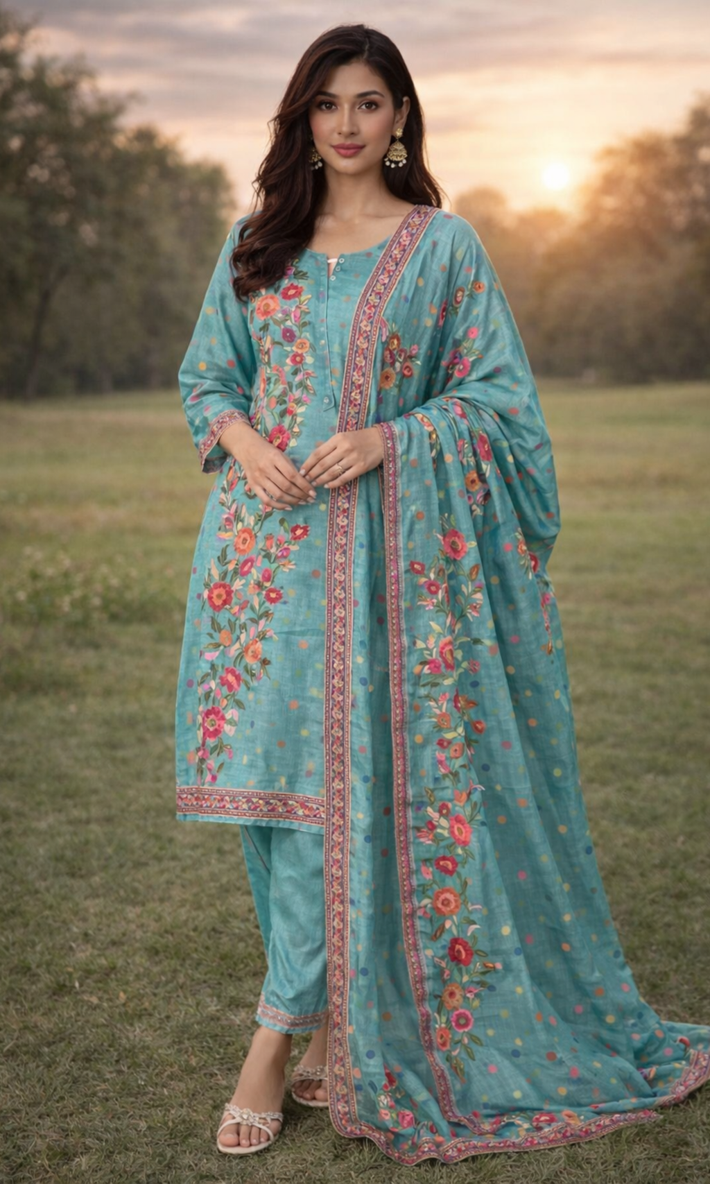 Aqua Teal  Embroidered Suit Set